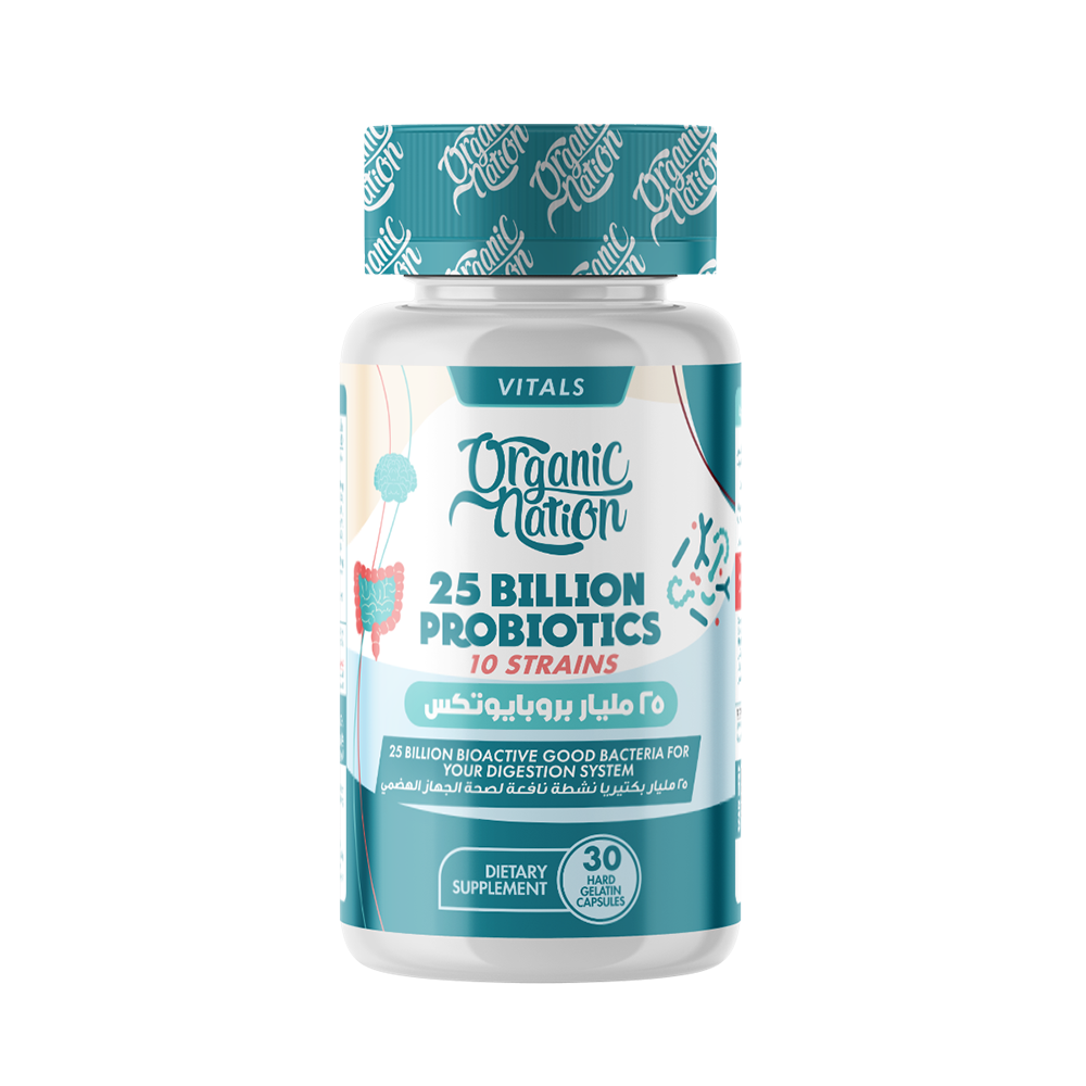 Organic Nation Vitals – 25 Billion Probiotics (10 Strains + Prebiotic Fiber) – 30 Hard Gelatin Capsules