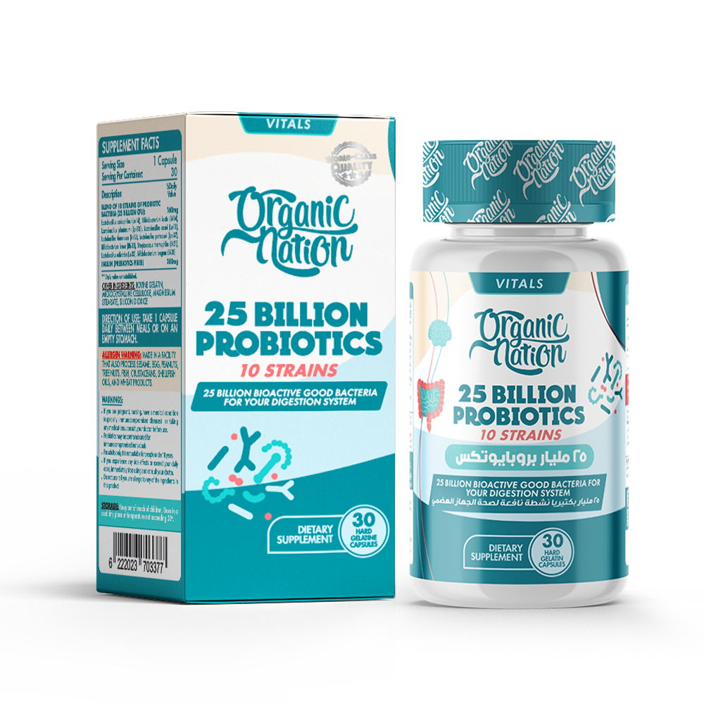 Organic Nation Vitals – 25 Billion Probiotics (10 Strains + Prebiotic Fiber) – 30 Hard Gelatin Capsules